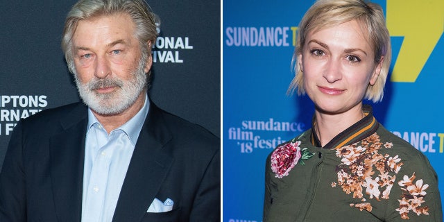 Alec Baldwin in a dark suit with a light blue shirt and blue pocket square and bushy beard split Halyna Hutchins in a dark green shirt with flowers