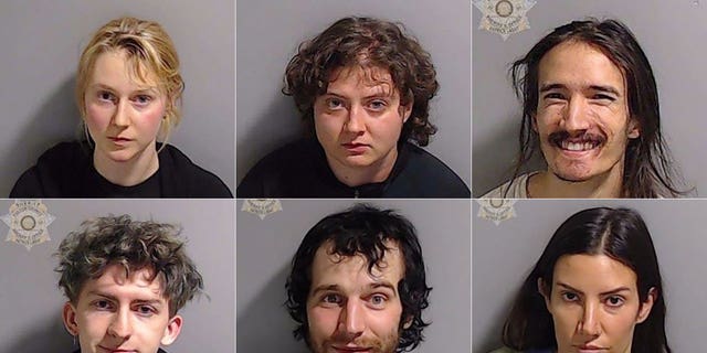 Fox News Digital obtained six mugshots for the individuals charged with domestic terrorism, other offenses for the unrested in downtown Atlanta overnight.  They are from left to right, clockwise: Nadja Geier, 24, of Nashville, Tennessee;  Madeleine Feola, 22, of Spokane, Wash.;  Ivan Ferguson, 23, of Nevada;  Graham Evatt, 20, of Decatur, Ga.;  Francis Carrol, 22, of Kennebunkport, Maine;  and Emily Murphy, 37, of Grosse Isle, Mich. 