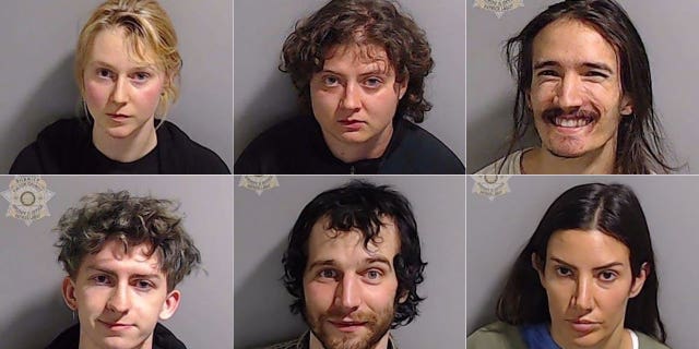 Fox News Digital obtained six mugshots for the individuals charged with domestic terrorism, other offenses for the unrested in downtown Atlanta overnight.  They are from left to right, clockwise: Nadja Geier, 24, of Nashville, Tennessee;  Madeleine Feola, 22, of Spokane, Wash.;  Ivan Ferguson, 23, of Nevada;  Graham Evatt, 20, of Decatur, Ga.;  Francis Carrol, 22, of Kennebunkport, Maine;  and Emily Murphy, 37, of Grosse Isle, Mich. 