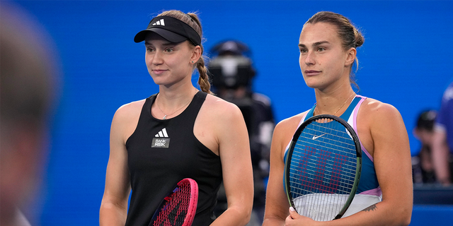 Elena Rybakina, left, and Aryna Sabalenka, pose for a photo before the women's singles final at the Australian Open tennis championships.