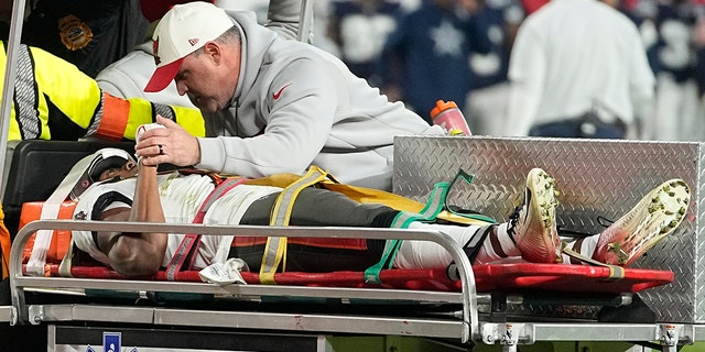 Buccaneers wide receiver Russell Gage is taken off the field, Monday, Jan. 16, 2023, in Tampa.