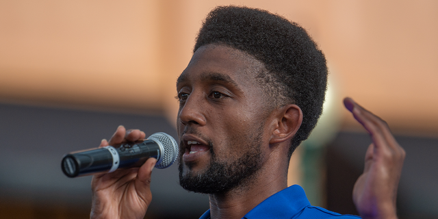 Baltimore Mayor Brandon Scott speaks during a Maryland Democratic Party's "Blue in '22" post-election unity event in downtown Silver Spring, Maryland, Aug. 1, 2022.