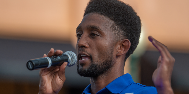 Baltimore Mayor Brandon Scott speaks during a Maryland Democratic Party's "Blue in '22" post-election unity event in downtown Silver Spring, Maryland, Aug. 1, 2022.