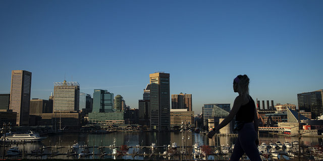 A pedestrian walks past the downtown Baltimore skyline in Federal Hill park in Baltimore on Friday, Nov. 20, 2020. Coronavirus infections continue to rise in the greater Washington region, with more than 5,000 new cases reported on Thursday, a daily record.