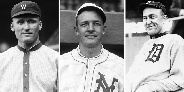 Washington Senators player Walter Johnson (left) at the opening game against the New York Americans on April 12, 1916; a close-up of New York Giants pitcher Christy Mathewson (center) in 1916; and Ty Cobb, "The Georgia Peach," shown on the field in June 1915.