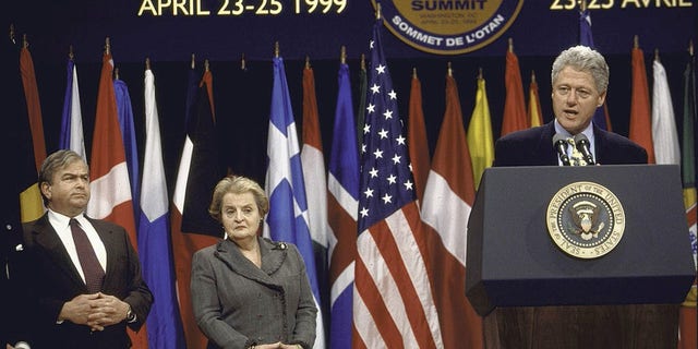 Natl. Security Adviser Sandy Berger, State Secy. Madeleine Albright &amp; Pres. Bill Clinton during NATO 50th anniversary summit event.   