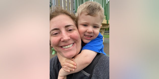 Beverly and her three-year-old son, who suffers from a severe sesame allergy, are shown here.