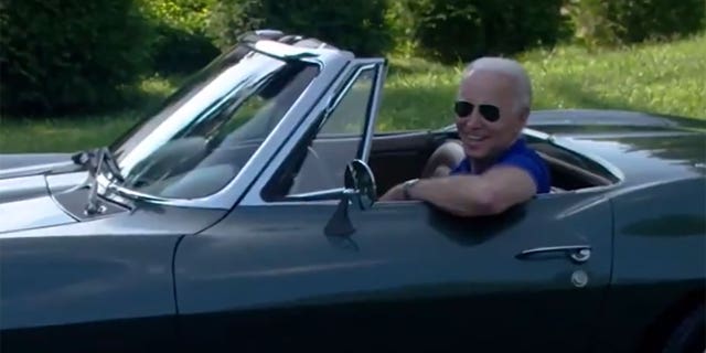 Joe Biden smiles from the front seat of his Corvette Stingray in a 2020 campaign video push to revitalize the American auto industry. 