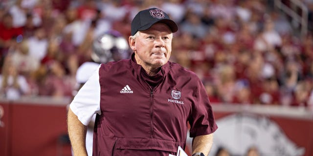 Head coach Bobby Petrino of the Missouri State Bears on the sidelines during a game against the Arkansas Razorbacks at Donald W. Reynolds Razorback Stadium Sept. 17, 2022, in Fayetteville, Arkansas.  