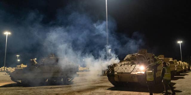 Bradley fighting vehicles in South Carolina on Jan. 25 before departing for Ukraine. 