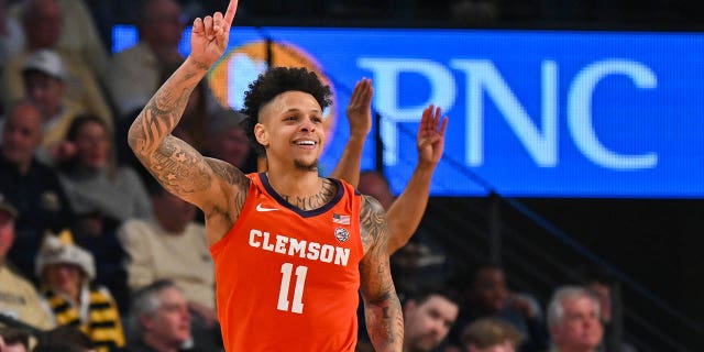 Clemson guard Brevin Galloway reacts during a game against the Georgia Tech Yellow Jackets Dec. 21, 2022, at Hank McCamish Pavilion in Atlanta.  