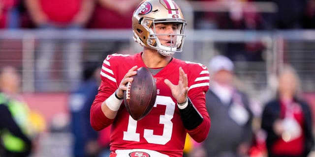 Brock Purdy #13 of the San Francisco 49ers looks to pass against the Dallas Cowboys during the first quarter in the NFC Divisional Playoff game at Levi's Stadium on January 22, 2023 in Santa Clara, California.