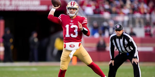 Brock Purdy #13 of the San Francisco 49ers throws a pass against the Dallas Cowboys during the first half in the NFC Divisional Playoff game at Levi's Stadium on January 22, 2023 in Santa Clara, California.