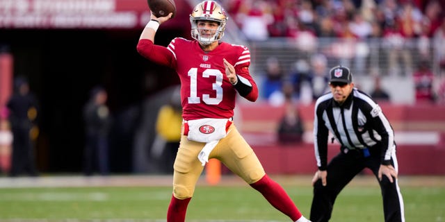 Brock Purdy #13 of the San Francisco 49ers throws a pass against the Dallas Cowboys during the first half in the NFC Divisional Playoff game at Levi's Stadium on January 22, 2023 in Santa Clara, California.