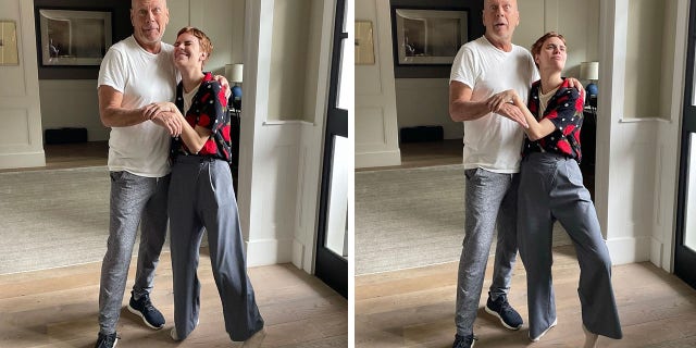 Bruce Willis and his daughter Tallulah Wilson make funny faces in side-by-side photos of the two, both wearing jeans and he is in a white shirt, she is in a colorful top