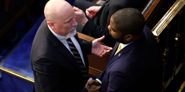 Rep.-elect Chip Roy, R-Texas, talks to Rep.-elect Byron Donalds, R-Fla., in the House Chamber during the second day of elections for Speaker of the House at the US Capitol Building on Jan. 4, 2023, in Washington, D.C.