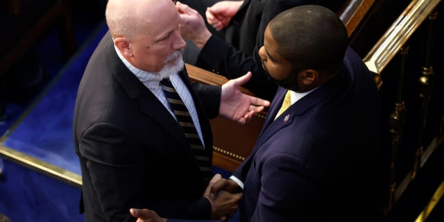 Rep.-elect Chip Roy, R-Texas, talks to Rep.-elect Byron Donalds, R-Fla., in the House Chamber during the second day of elections for Speaker of the House at the US Capitol Building on Jan. 4, 2023, in Washington, D.C.