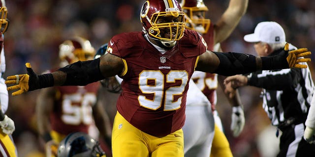 Washington's Chris Baker (92) celebrates after a sack of Carolina Panthers quarterback Cam Newton on December 19, 2016, at FedExField in Landover, Maryland.