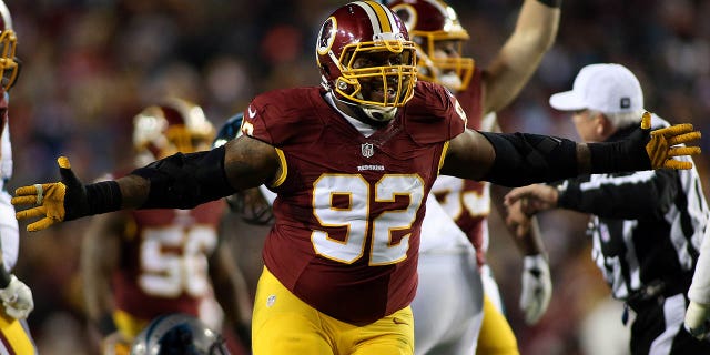 Washington's Chris Baker (92) celebrates after a sack of Carolina Panthers quarterback Cam Newton on December 19, 2016, at FedExField in Landover, Maryland.
