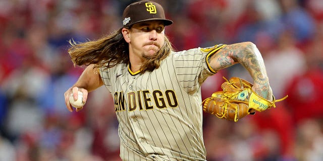 Mike Clevinger of the San Diego Padres pitches against the Phillies at Citizens Bank Park on Oct. 22, 2022c, in Philadelphia.