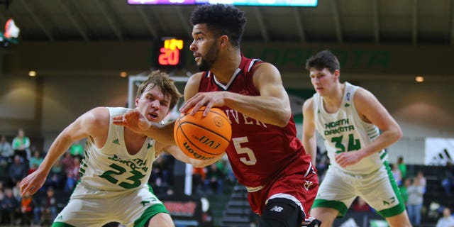 Denver Pioneers guard Coban Porter (5) is pictured during the Summit League contest against the North Dakota Fighting Hawks on February 3, 2022, at the Betty Engelstad Sioux Center in Grand Forks, North Dakota.