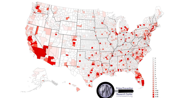 Map created by the Crime Prevention Research Center shows where murders are concentrated in the U.S.