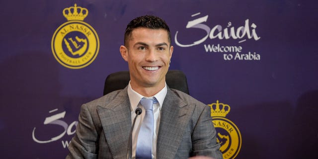Cristiano Ronaldo attends a press conference during the official introduction of Cristiano Ronaldo as an Al Nassr player at Mrsool Park Stadium on January 3, 2023 in Riyadh, Saudi Arabia. 