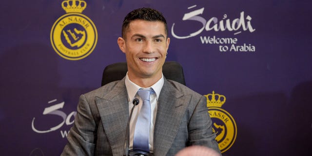 Cristiano Ronaldo attends a press conference during the official unveiling of Cristiano Ronaldo as an Al Nassr player at Mrsool Park Stadium on January 3, 2023 in Riyadh, Saudi Arabia.