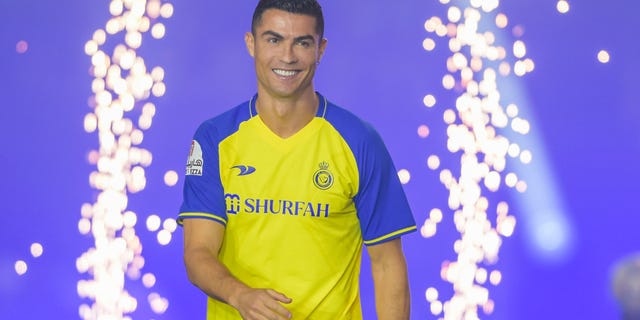 Cristiano Ronaldo smiles as he is unveiled as an Al Nassr player at Mrsool Park Stadium on January 3, 2023 in Riyadh, Saudi Arabia.