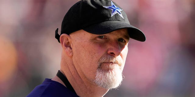 Defensive coordinator Dan Quinn of the Dallas Cowboys prior to a game against the San Francisco 49ers in the NFC divisional playoffs at Levi's Stadium Jan. 22, 2023, in Santa Clara, Calif.