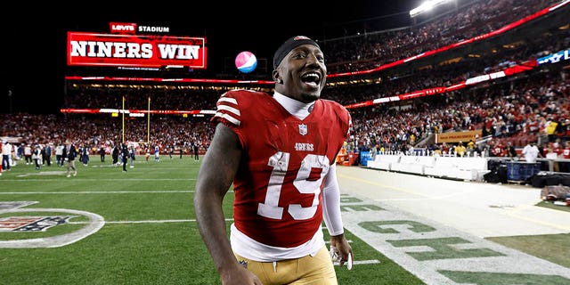 Deebo Samuel #19 of the San Francisco 49ers celebrates after defeating the Dallas Cowboys during an NFL divisional round football game between the San Francisco 49ers and the Dallas Cowboys at Levi's Stadium on January 22, 2023 in Santa Clare, Calif.