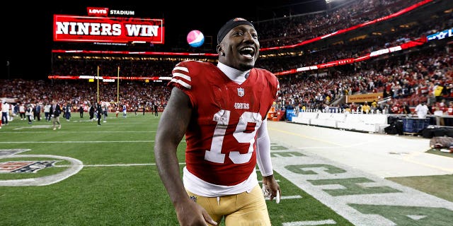 Deebo Samuel #19 of the San Francisco 49ers celebrates after defeating the Dallas Cowboys during an NFL divisional round playoff football game between the San Francisco 49ers and the Dallas Cowboys at Levi's Stadium on January 22, 2023 in Santa Clara, California.