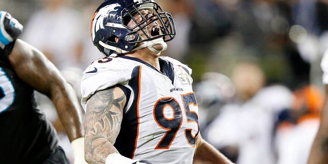 Derek Wolfe, #95 of the Denver Broncos, celebrates after a sack in the third quarter against the Carolina Panthers during Super Bowl 50 at Levi's Stadium on February 7, 2016 in Santa Clara, California.