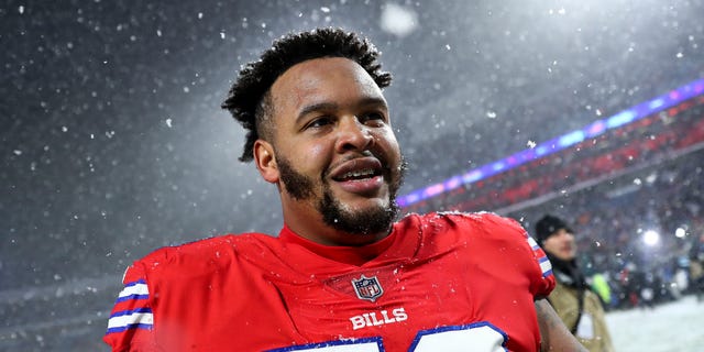 Dion Dawkins #73 of the Buffalo Bills smiles after an NFL football game against the Miami Dolphins at Highmark Stadium on December 17, 2022 in Orchard Park, New York. 