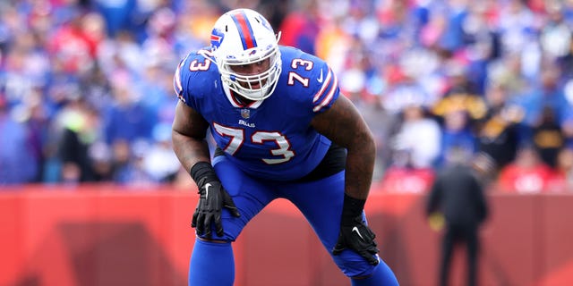 Dion Dawkins #73 of the Buffalo Bills lines up during the second quarter against the Pittsburgh Steelers at Highmark Stadium on October 09, 2022, in Orchard Park, New York.