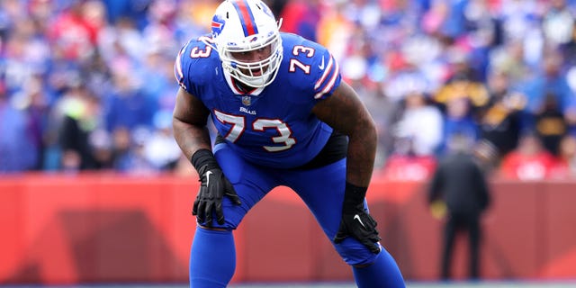 Dion Dawkins #73 of the Buffalo Bills lines up during the second quarter against the Pittsburgh Steelers at Highmark Stadium on October 9, 2022 in Orchard Park, New York.