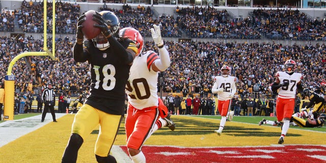 Diontae Johnson de los Steelers anota una conversión de dos puntos contra los Cleveland Browns en el Acrisure Stadium el 8 de enero de 2023 en Pittsburgh.
