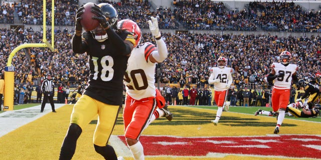 Diontae Johnson of the Steelers scores a two-point conversion against the Cleveland Browns at Acrisure Stadium on Jan. 8, 2023, in Pittsburgh.