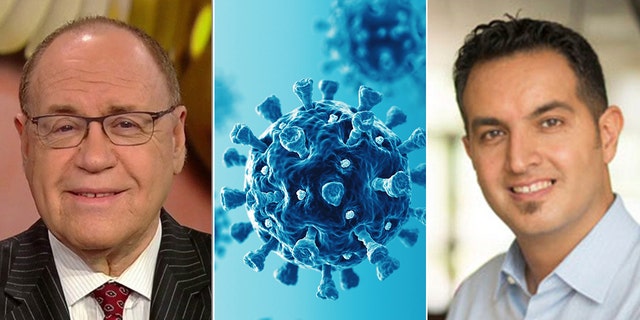 Fox News medical contributor Dr. Marc Siegel, at left; Dr. Shad Marvasti of University of Arizona College of Medicine, at right. A microscopic COVID germ is shown in the center. Both medical professionals encourage people to take appropriate steps to stay healthy, including wearing masks and getting vaccinated, when appropriate.