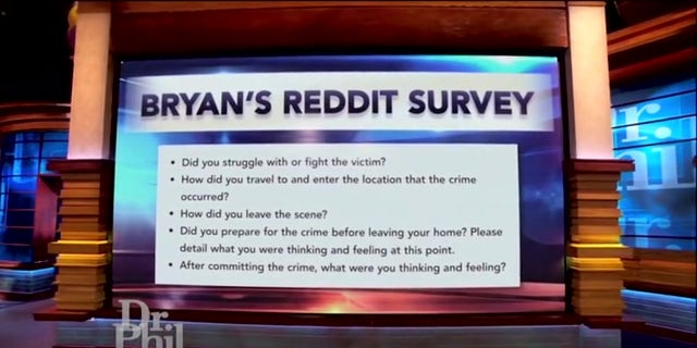Dr. Phil shows his audience the Reddit survey posted by the Idaho murder suspect.
