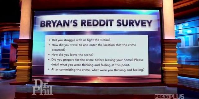 Dr. Phil shows his audience the Reddit survey posted by the Idaho murder suspect.