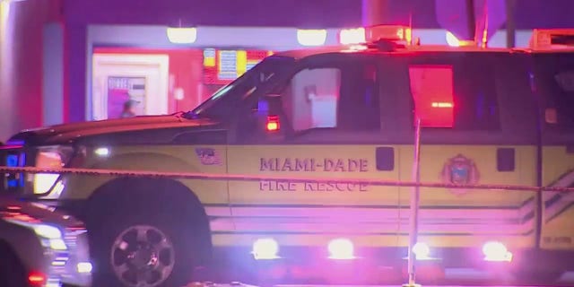 A Miami-Dade emergency vehicle at the scene of a shooting in which several people were injured. One person was reportedly in critical condition.