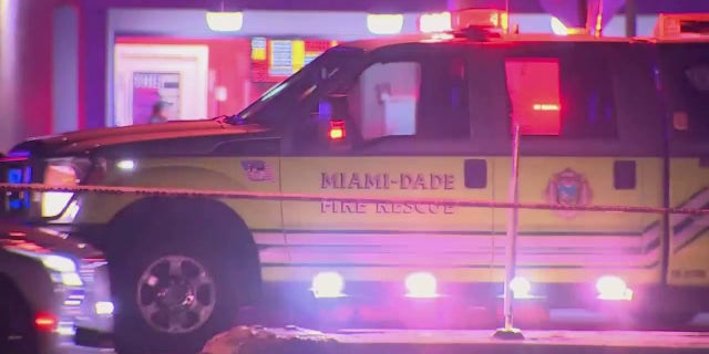 A Miami-Dade emergency vehicle at the scene of a shooting that left several people injured. One person was reportedly in critical condition.