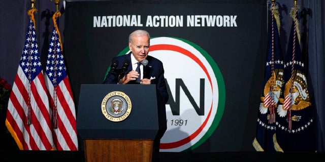 President Joe Biden speaks at the National Action Network's Martin Luther King, Jr., Day breakfast, Monday. 