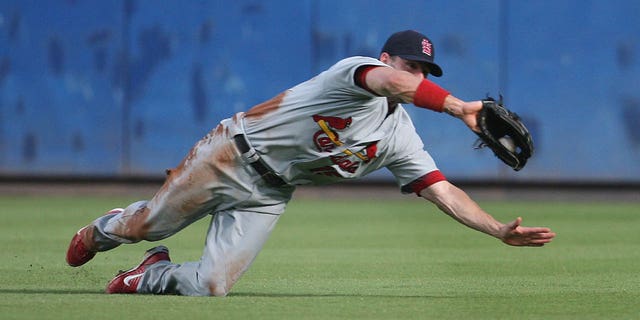 Jim Edmonds of the St. Louis Cardinals takes a diving catch against the Atlanta Braves at Turner Field on July 19, 2007 in Atlanta.