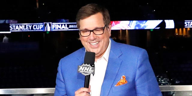 Analysts Stu Grimson, EJ Hradek and host Lauren Gardner attend Game Four of the 2022 NHL Stanley Cup Final between the Colorado Avalanche and the Tampa Bay Lightning at Amalie Arena on June 22, 2022 in Tampa, Florida.