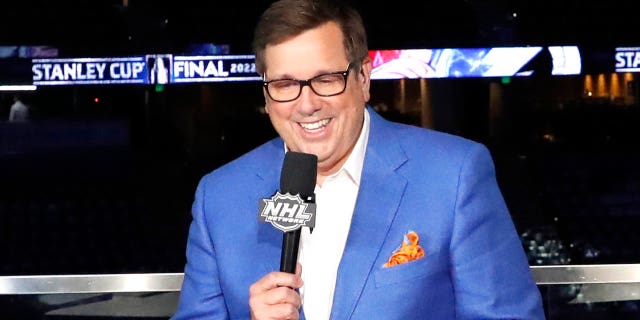 Analysts Stu Grimson, E.J. Hradek and host Lauren Gardner attend for Game 4 of the 2022 NHL Stanley Cup Final between the Colorado Avalanche and the Tampa Bay Lightning at Amalie Arena on June 22, 2022 in Tampa, Florida.