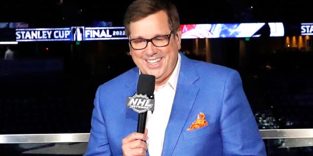 Analysts Stu Grimson, EJ Hradek and host Lauren Gardner attend Game 4 of the 2022 NHL Stanley Cup Final between the Colorado Avalanche and the Tampa Bay Lightning at Amalie Arena on June 22, 2022 in Tampa, Florida.