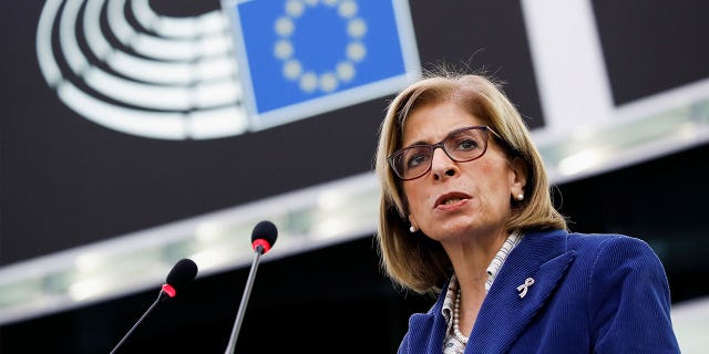 European Commissioner for Health and Food Safety Stella Kyriakides delivers a speech in France, on Nov. 24, 2021.