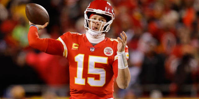 Patrick Mahomes #15 of the Kansas City Chiefs throws a pass against the Cincinnati Bengals during the first quarter in the AFC Championship Game at GEHA Field at Arrowhead Stadium on January 29, 2023 in Kansas City, Missouri.